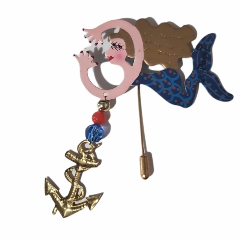 FANCIFUL FLIGHTS Nautical Mermaid Under the Sea Anchor Golden Hair Stick Pin